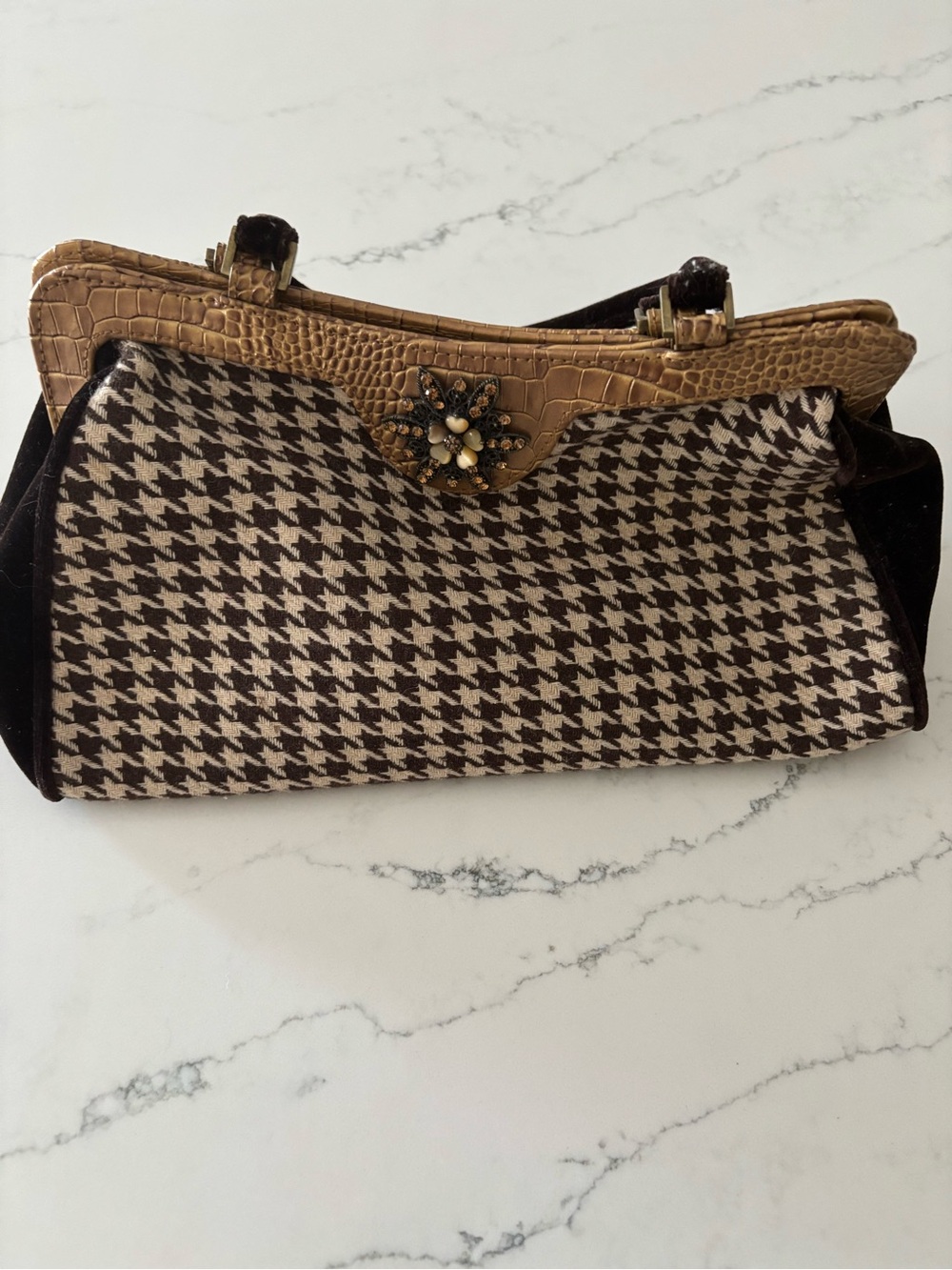 Vintage Marshall Fields Houndstooth Top-Handle Satchel with Camel Trim - Picture 2 of 7
